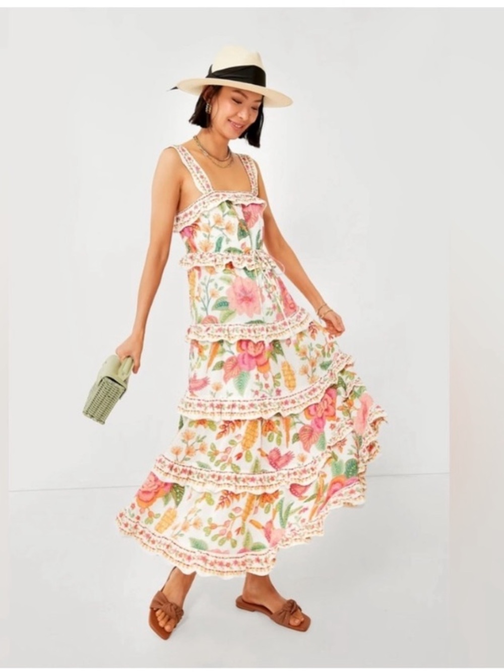 FARM Rio Macaw Bloom Tiered Maxi Dress - White with Pink & Yellow Bloom Sz S - Picture 2 of 12